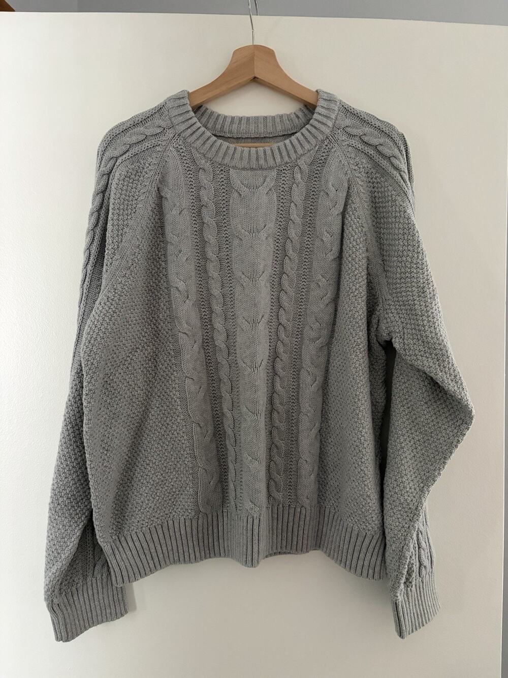 Women's Chunky Fisherman Cable Knit Sweater Gray XL Crewneck Oversized Preppy
